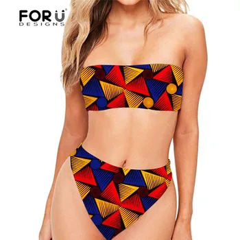 

FORUDESGINS African Traditional Printing Women Swimwear High Waist Bikini Swimsuit Push Up Female Swimming Suit Plus Size Summer