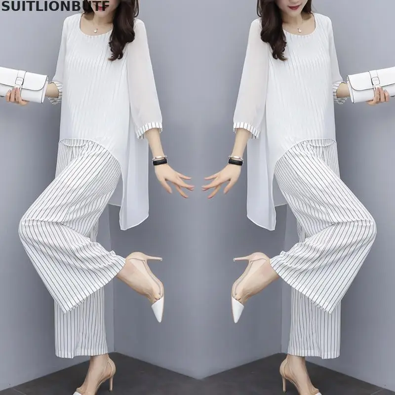 

2 Pieces Set Women Chiffon Stititching Irregular Tops Zipper Fly Striped Wide Leg Ankle-length Perfect Quality Two Piece Set