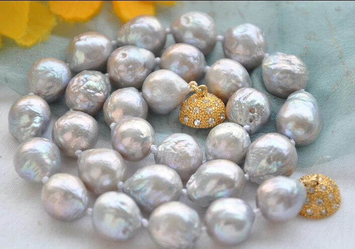

Free shipping@@@@@ Lustre 17" 13mm GRAY almost round BAROQUE Edison PEARL NECKLACE