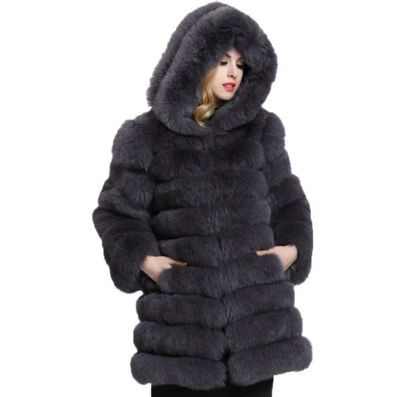 Taille ardoisé En Hiver Chaud Fausse Manteaux À Blanc Veste Long Manches Mode D'hiver Épaissir noir Manteau Fourrure Longues Plus Pardessus La Femmes Capuchon Renard De fSxqwdwt7