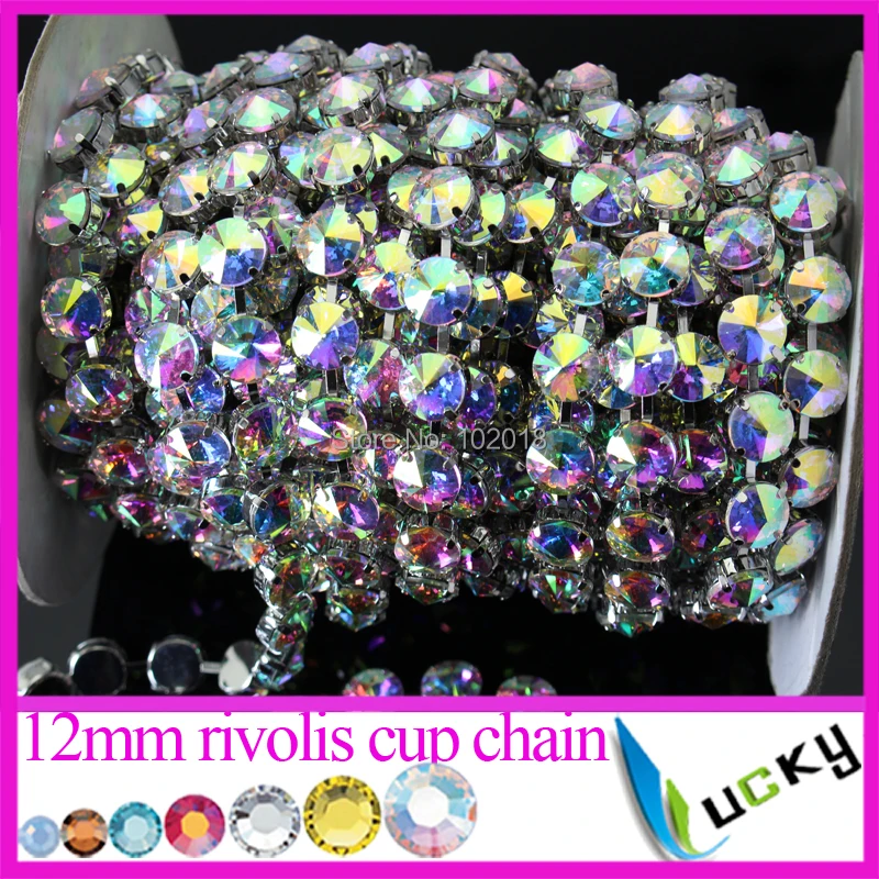 

5 yards 12mm Stronggest Thickest round chain link with super shine Crystal ab Rivolis top quality pointback rhinestones