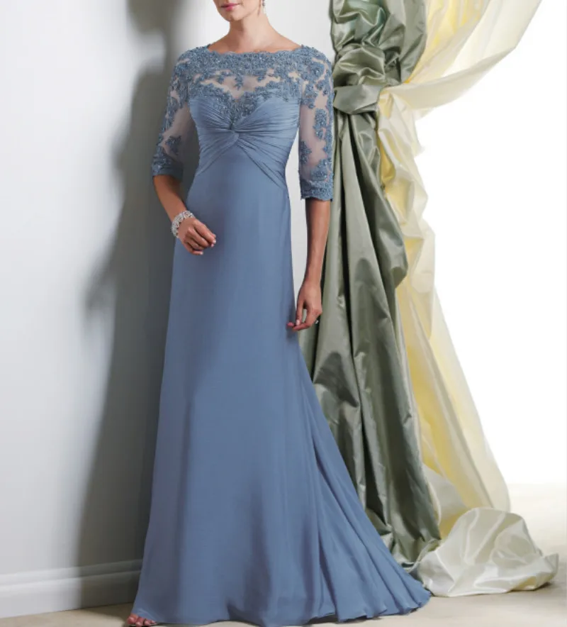 

2019 Lace Formal Evening Party Gown Half Sleeve Custom Beads Ladies Floor Length Blue Mother Of The Bride Dress Robe De Soiree