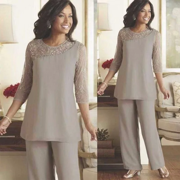 Silver Mother of the Bride Groom Pants Suits Cheap Plus Size Beaded 3 4 Long Sleeves Chiffon Formal Women Weddings Guest Occasion Dresses