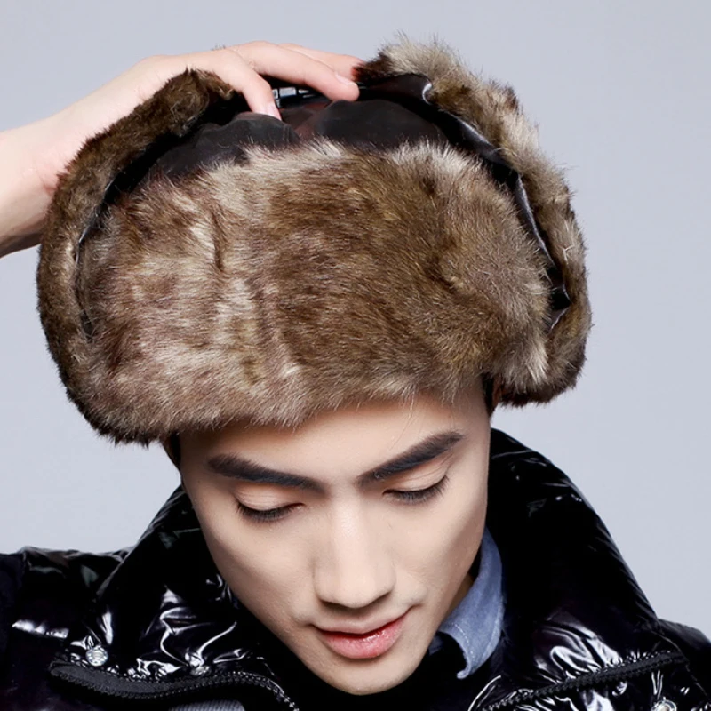 

HT2100 Bomber Hat Men PU Leather Russian Hat Windproof Riding Ski Earflap Trapper Cap Warm Winter Hats for Men Ushanka Fur Hats