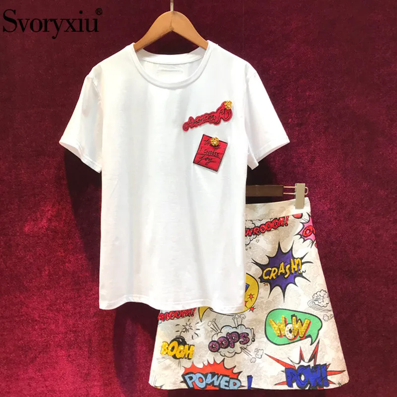 

Svoryxiu Women's Summer Runway Skirt Suit White Cotton Short Sleeve Tees + Beading letter Printed A-Line Skirts Two Piece Set