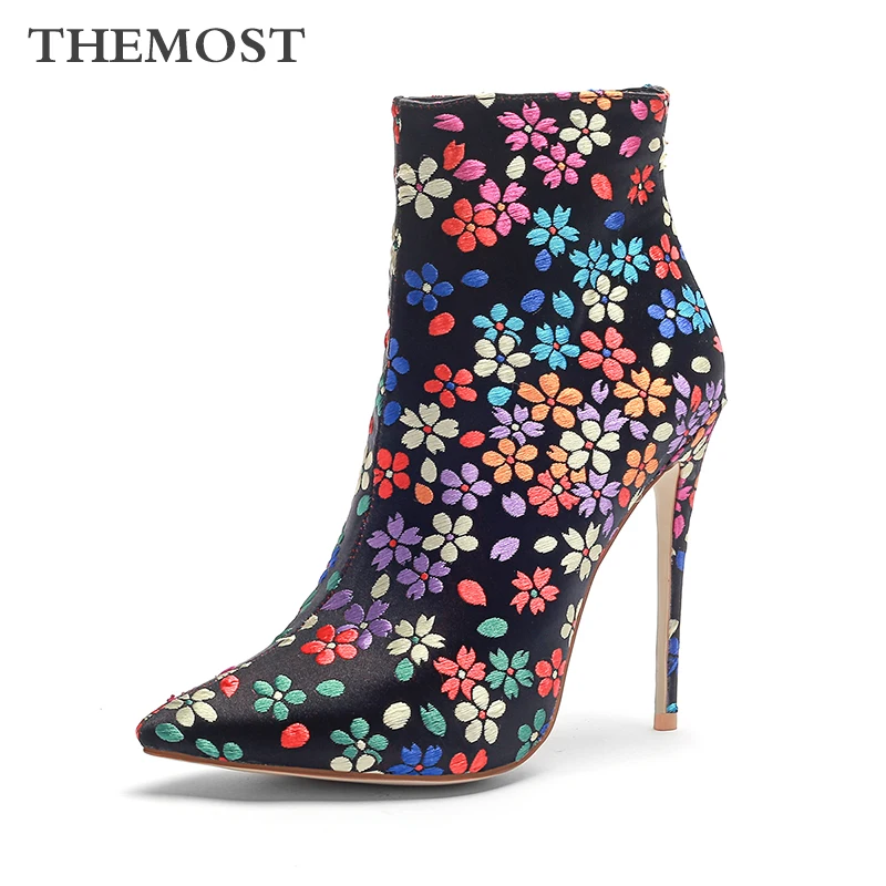 

ARQA brand fashion floral ladies ankle boots zipper high-heeled warm short plush lining ladies boots zapatos de mujer botas