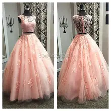 Ballkleid Erröten Rosa Zweiteiler Bauchfreies Oberteil Prom Kleid Boden länge Wulstige Spitze Tüll Lange Formale Abendkleid vestidos de 15 anos
