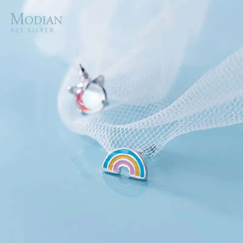 Modian Мода Радуга Licorne память серьги Шарм счастливый Настоящее серебро 925 проба запонка с опалом серьги для женщин и девочек ювелирные изделия