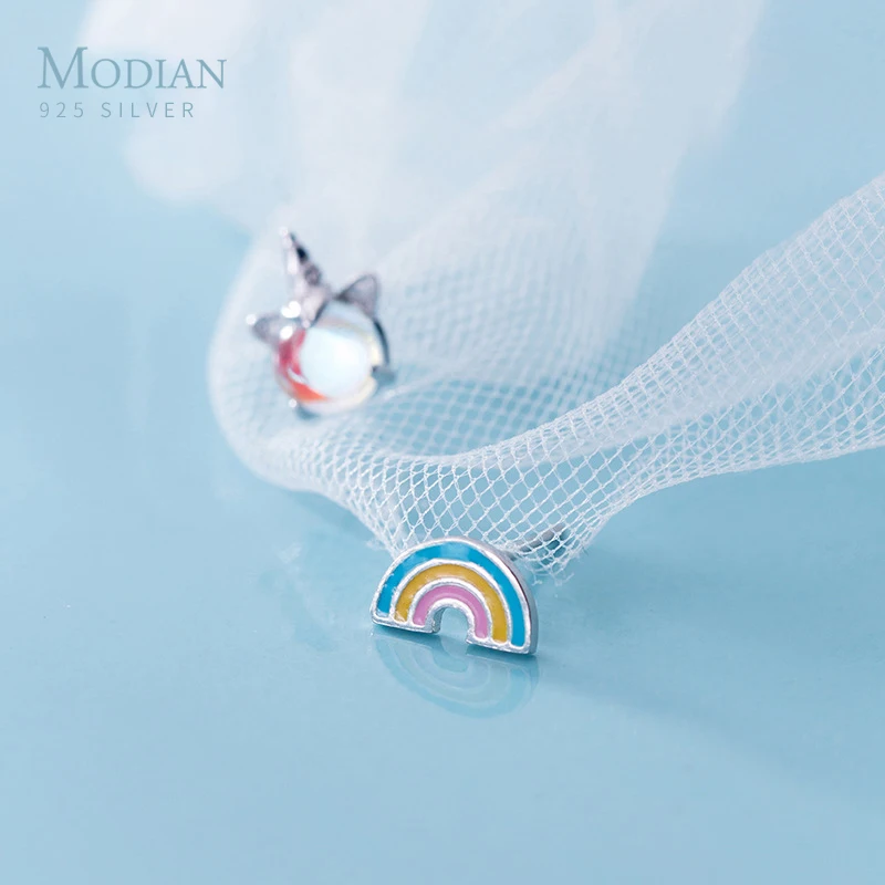 

Modian Fashion Rainbow Licorne Memory Earring Charm Lucky Real 925 Sterling Silver Opal Stud Earrings For Women & Girls Jewelry