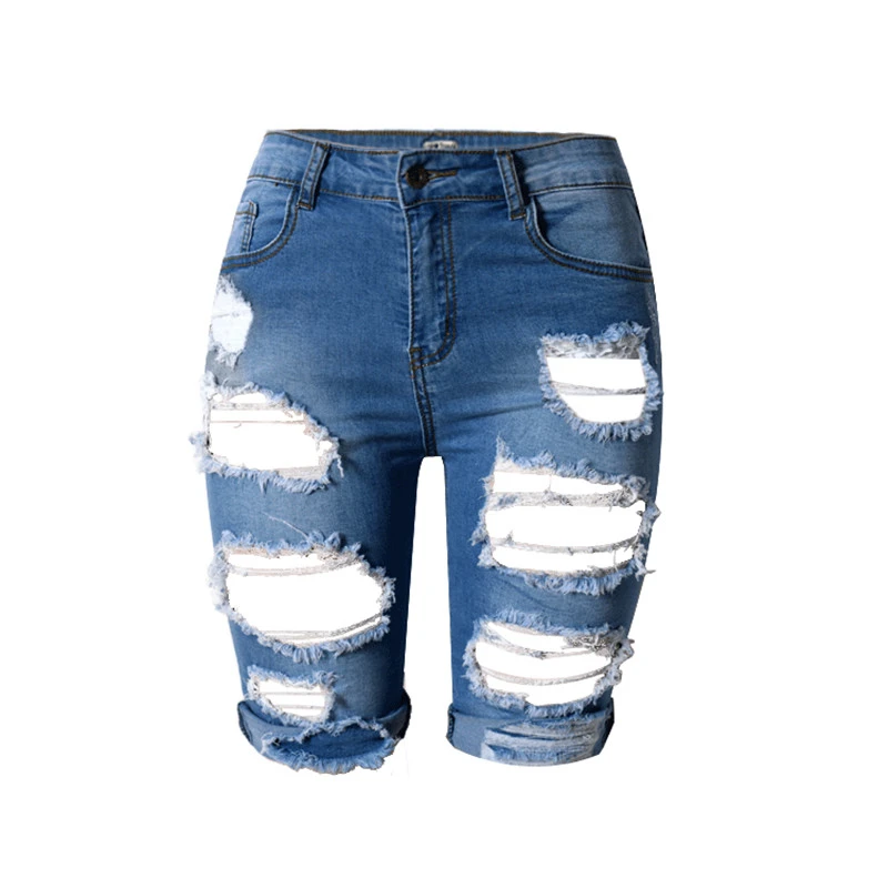 

S-XXXL 2016 Summer New Slim Skinny Ripped Hole Burrs Cut Off High Waist Knee Length Women Denim Hot Shorts Jeans Plus Size