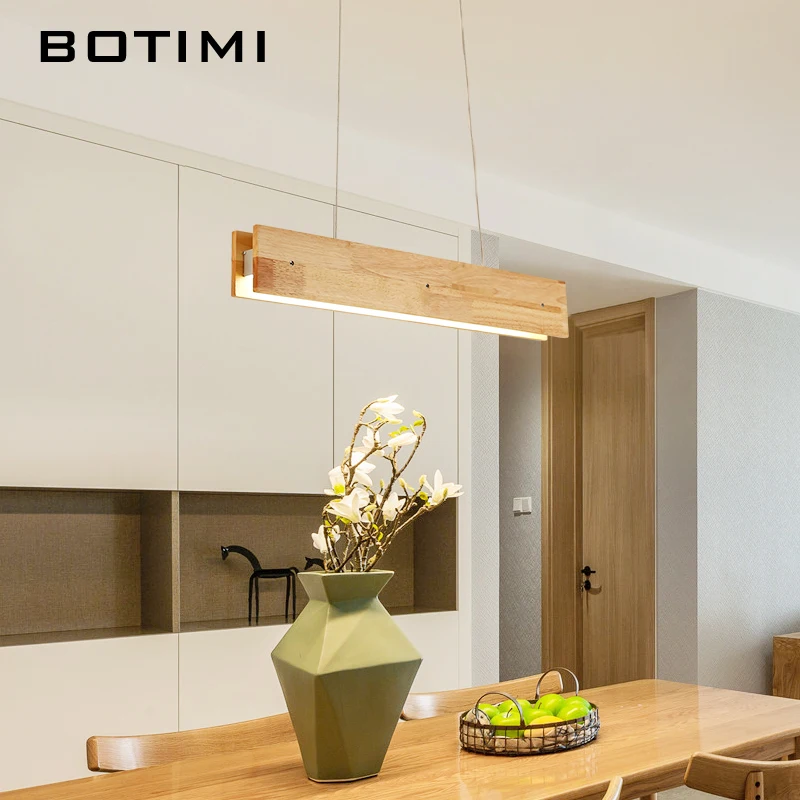 

BOTIMI Rectangle Wooden 220V LED Pendant Lights With Wood Lampshade For Dining Room Long Shaped Cord Hanging Office Lighting