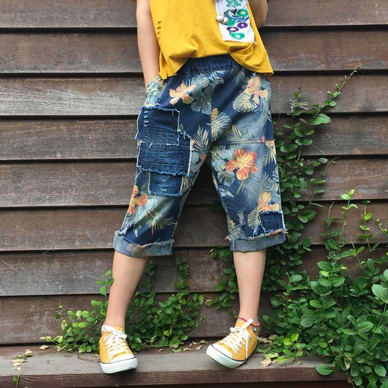 Retro print patchwork sttch Elastic waist pocket Wide leg pants jeans 2018 mori girl | Женская одежда