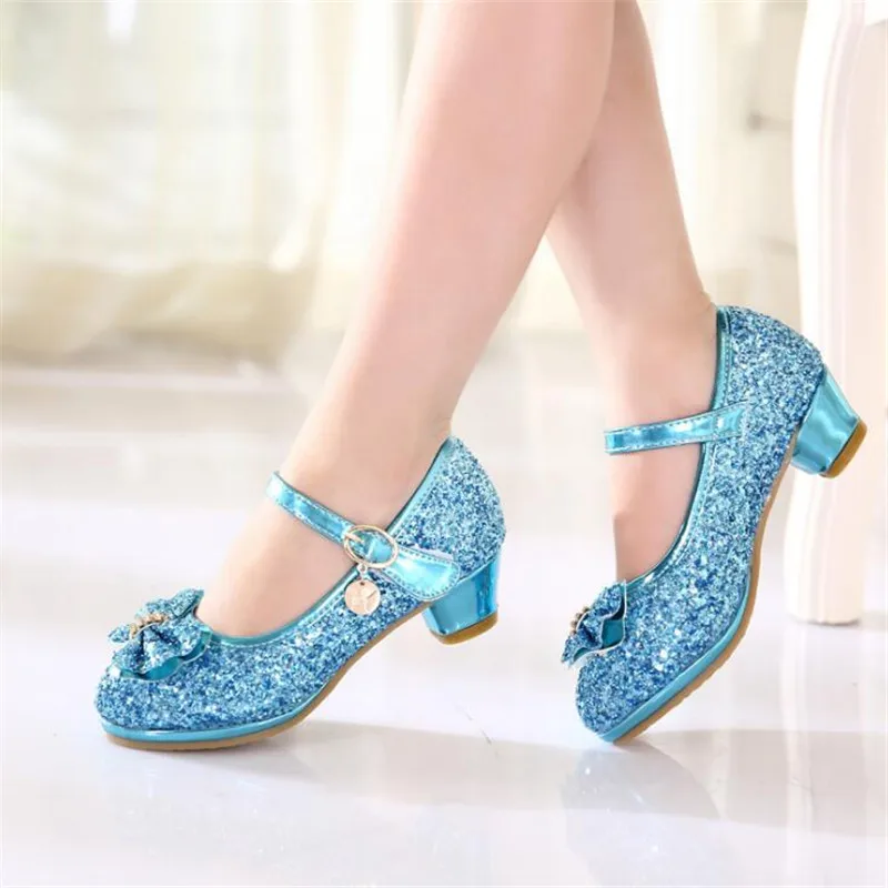 Weoneit/Новинка года; модные детские туфли на высоком каблуке с блестками; вечерние тонкие туфли принцессы для девочек; размеры 28-38 - Цвет: blue