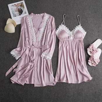 

Women's Sexy Lace Kimono Satin Solid Wedding Bride Bridesmaid Robes Nightwear Elegant Rayon Female Sleepwear Pajamas