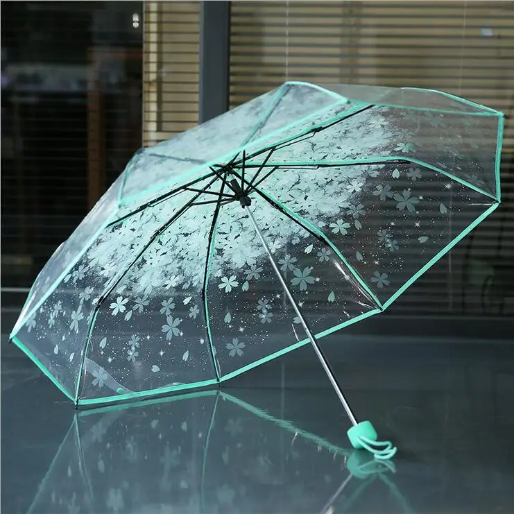 Romantic sakura pattern transparent umbrella creative three folding
