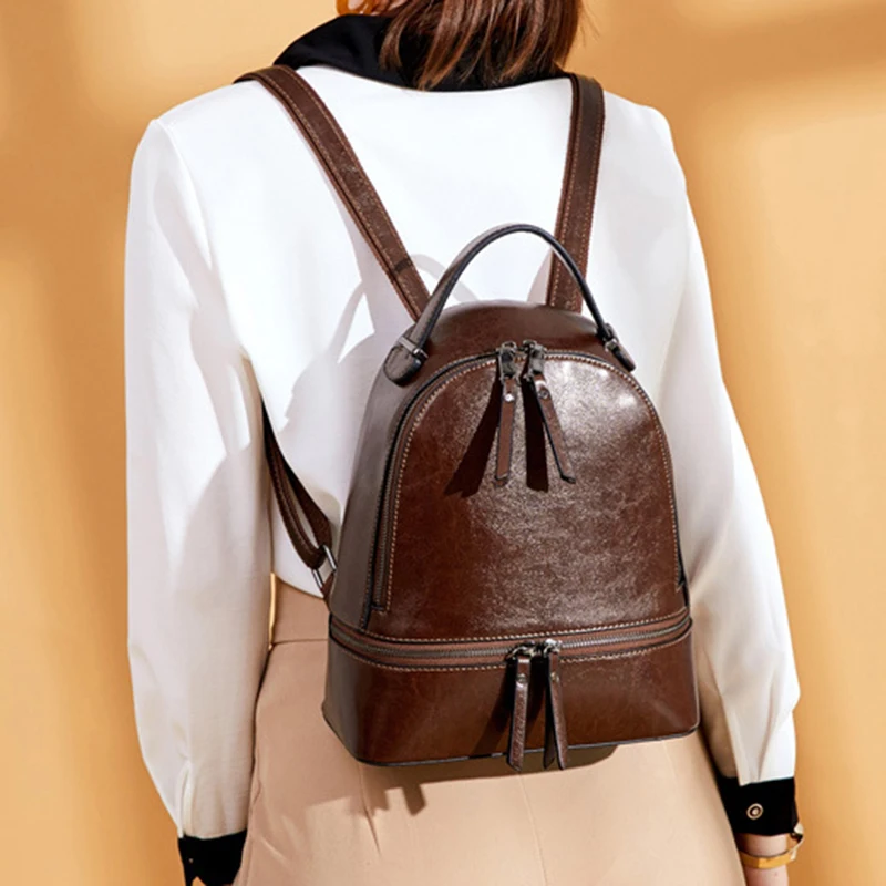 High Quality Women Oil Wax Cowhide Backpack Travel Knapsack Fashion Casual Design Genuine Leather Rucksack Girls School Daypack cool everyday backpacks