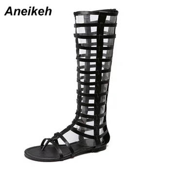 

Aneikeh New Women Knee High Sexy Gladiator Sandals Shoes Woman Flip Flop Cut-outs Zipper Flat Rome Sandals Zipper Size 35-40