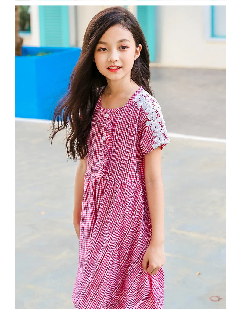 teenage girls dresses with lace crochet floral red blue plaid preppy style little girls dress 2018 summer children dress baby (2)