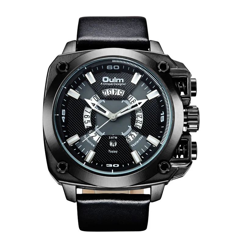Oulm часы мужские большие размеры военные кварцевые часы креативные Авто Дата кожаные Наручные часы мужские спортивные часы Relogio Masculino - Цвет: Black