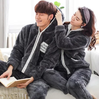 

Couples Pajamas Flannel Sleepwear Women Thick Warm Hooded Cartoon Pijamas Winter Lady Lovely Female Suit Homewear Clothes