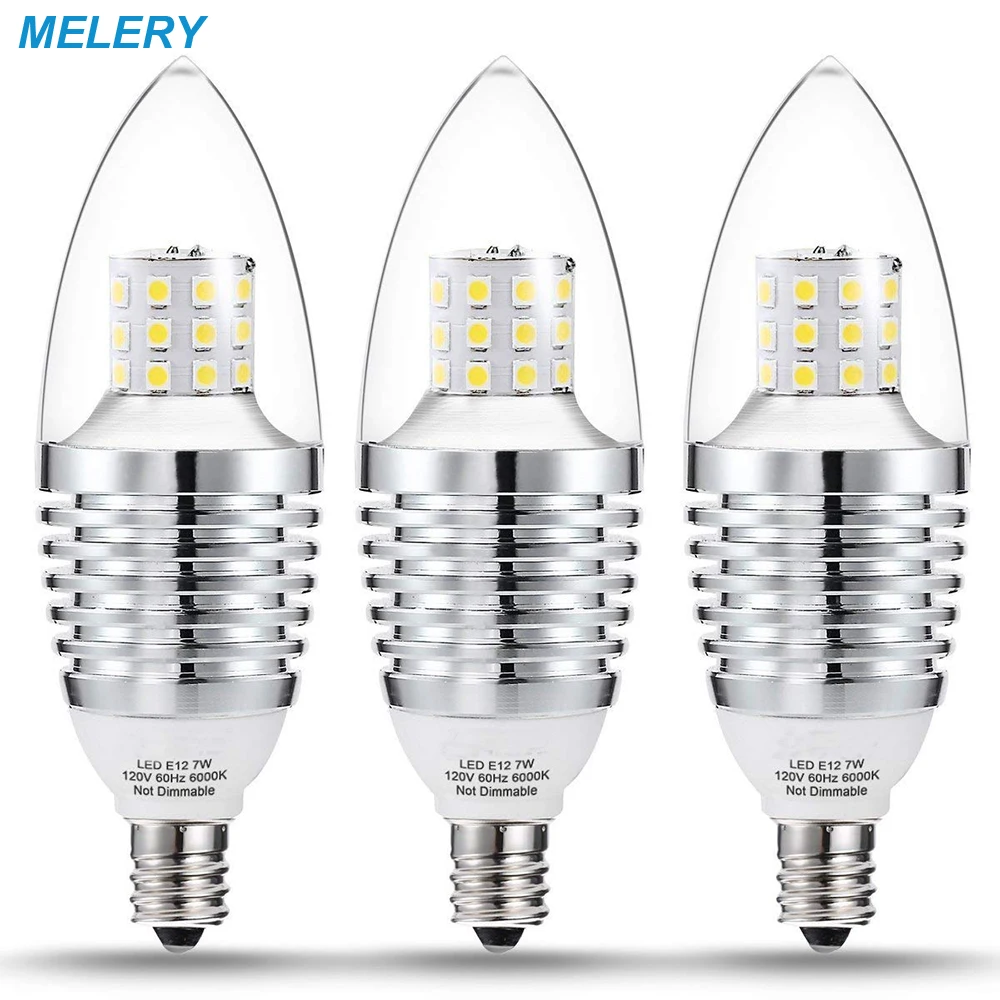 LED Light Bulb Candelabra E12 Lamp 75W Halogen Equivalent 7W Daylight 6000K 680 Lumens Chandelier Light for Home Lighting-3Pack