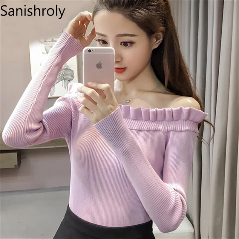 

Sanishroly 2018 Autumn Slash Neck Knitted Sweaters Pullovers Women Solid Long Sleeve Sweater Ladies Bottoming Knitwear Tops S184