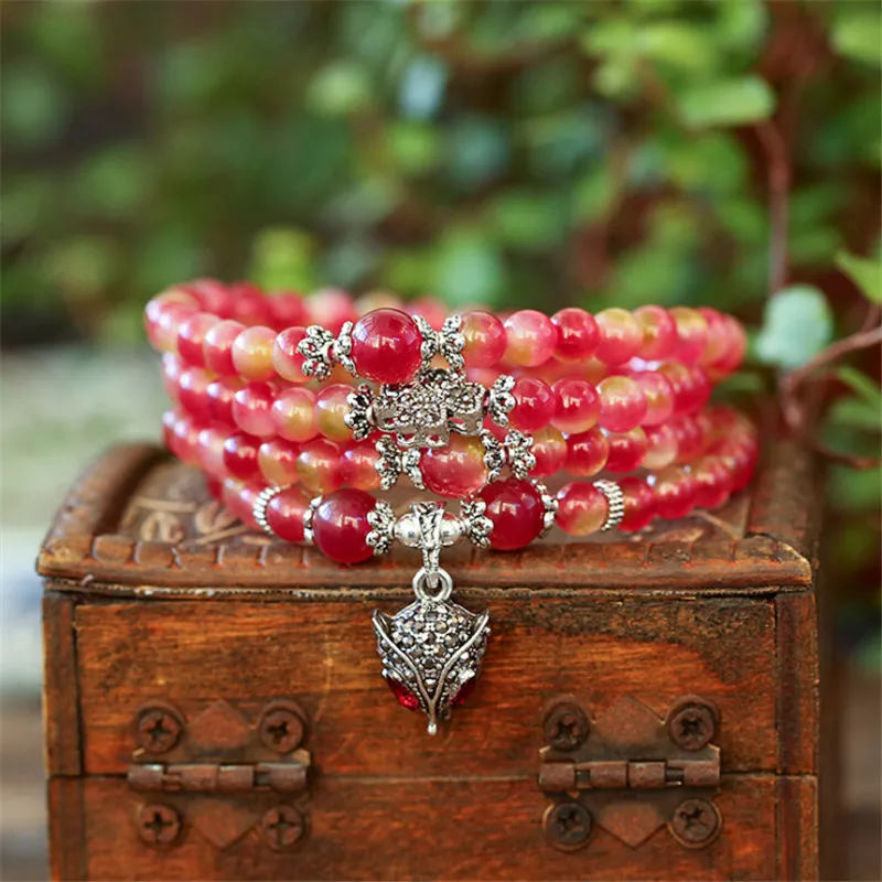 

Fine New Design Watermelon Red Crystal Beads Bracelet Chalcedony Multi Layered Pave Setting Fox Tourmaline Hand String for Women