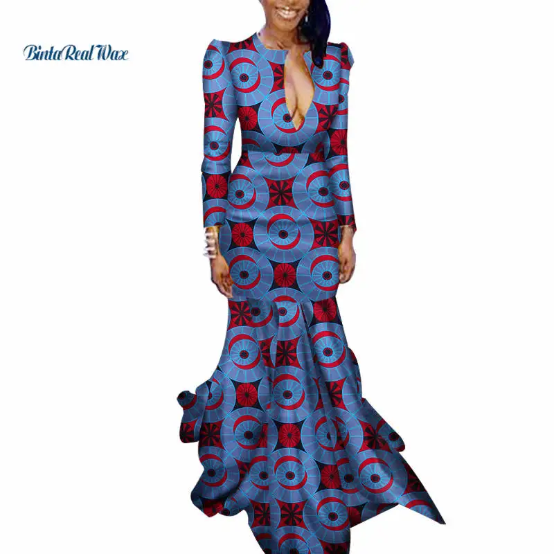 Новое Осеннее женское длинное платье Bazin Riche, хлопок, африканская восковая печать, платье в пол, традиционная африканская одежда WY2751 - Цвет: 4