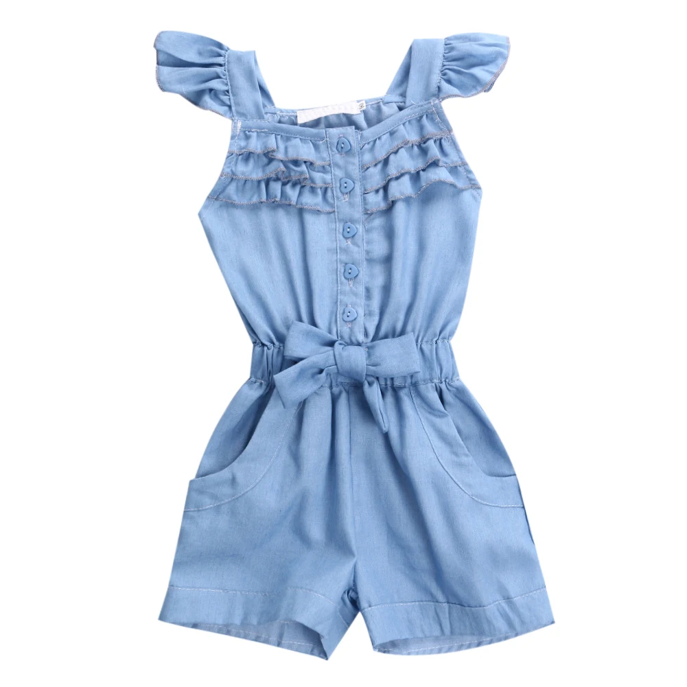 Children Kid Baby Girl Casual Bow Jeans Denim Romper Jumpsuit Outfit Set Clothes