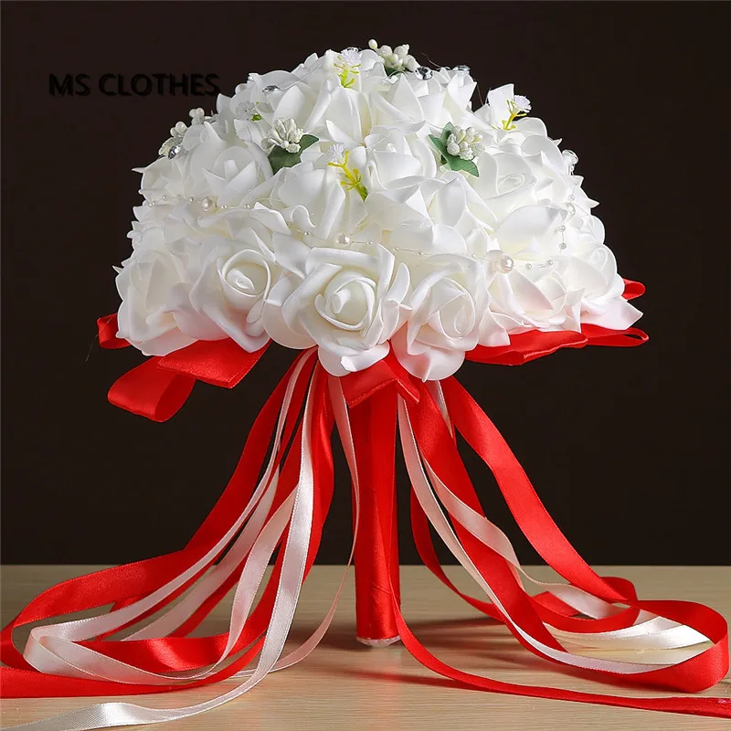 Белый Красный Большой Свадебный букет для невесты с шелковой лентой кристаллы букет De Noiva искусственный букет невесты De Mariage - Цвет: red