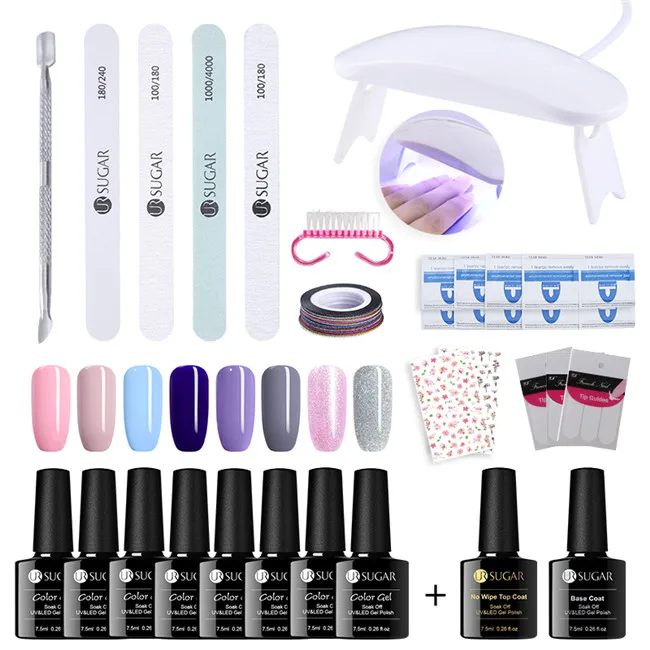 8colors-set2 UR SUGAR Full Manicure Nail Set 6W UV LED Lamp with 7.5ml Semi Permanant Color UV Gel Polish Top Base Coat Nail Art Tools Kit - Цвет: 8colors-set2
