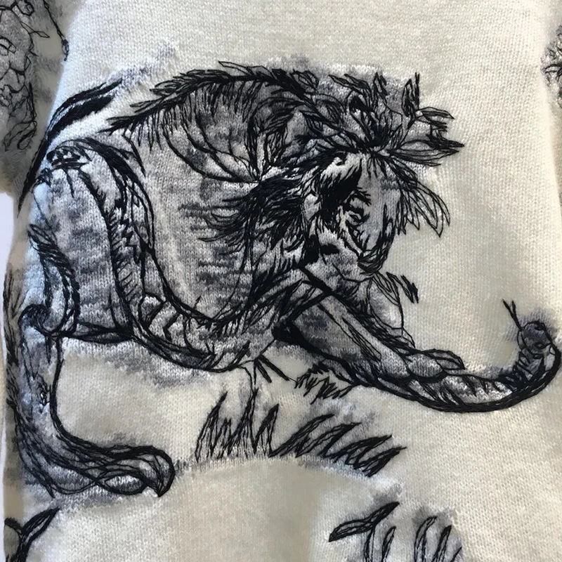 Printemps Col Broderie Délicat Doux Nouveau Du Noir À Rond Au Capuche Cashmere Motif Goodlishowsi blanc Pull En Début Blouson 2019 Animal nPqSz4I