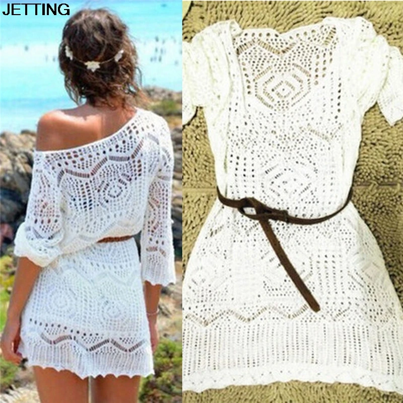 

1 pcs Women Hollow Out White V Neck Mini Lace Dress Women Beach Style Summer Dress Elegant Dress With Belt