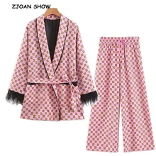 Ретро геометрический горошек печати пояса талии блейзер Повседневная Женская перо кисточки на манжетах Slim Fit Средний длинный Костюмный пиджак пальто Верхняя одежда