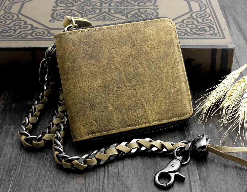 

Mens Vintage Biker Leather Zipper Coin Money Credit Card Wallet w/ Metal Chain