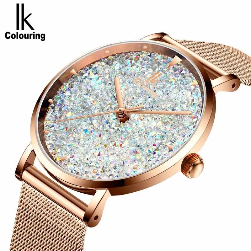 Rose golden white Женские кварцевые часы с плетеным стальным ремешком Relogio Feminino IK, Роскошные блестящие часы с циферблатом, женские часы Cinturino Milanese - Цвет: Rose golden white