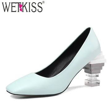 

WETKISS Unusual Heel Crystal Women Pumps Square Toe Footwear Cow Leather Shoes Female Shallow Party Shoes Woman Autumn 2020 New
