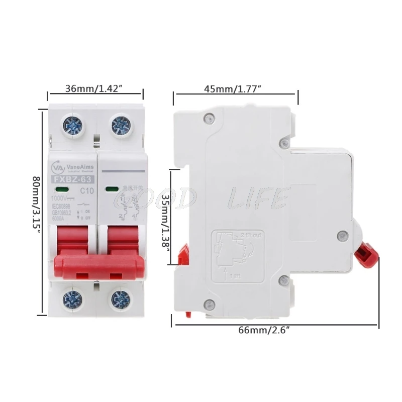 2P DC 1000V Solar Mini Circuit Breaker 10A/16A/32A/50A/63A DC Photovoltaic MCB