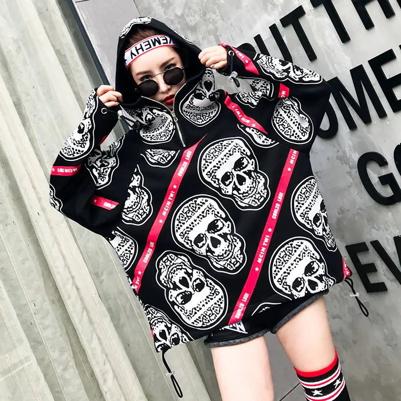 Тренд-сеттер Весенняя мода панк стиль толстый пуловер для женщин череп шаблон толстовка с капюшоном свободный