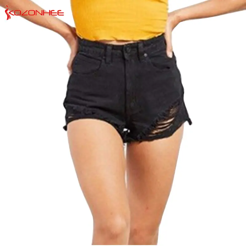 Loose Hole Black Denim shorts for women High Waist harajuku breeches