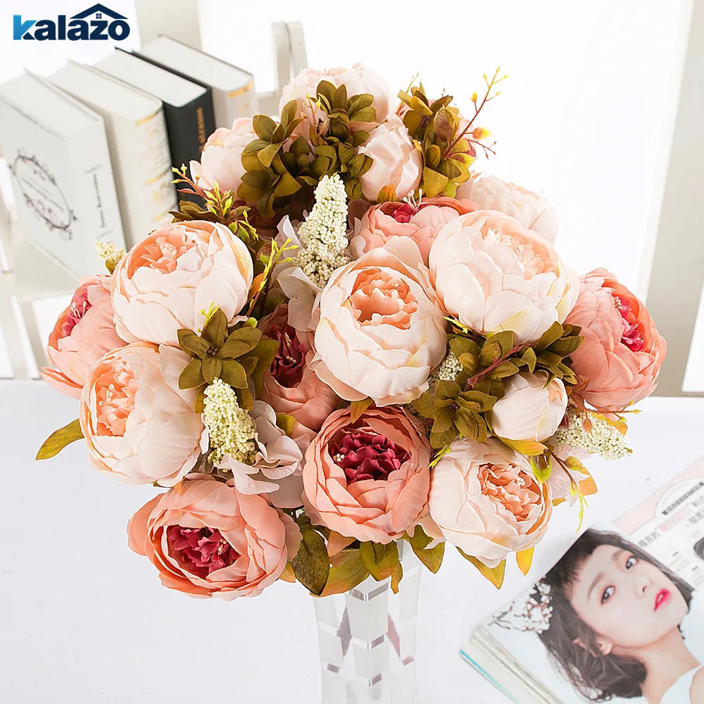 

artificial flowers Wedding Vintage European Peony Wreath Silk Fake Flowers Heads Home Festival Decoration 13 Branches home