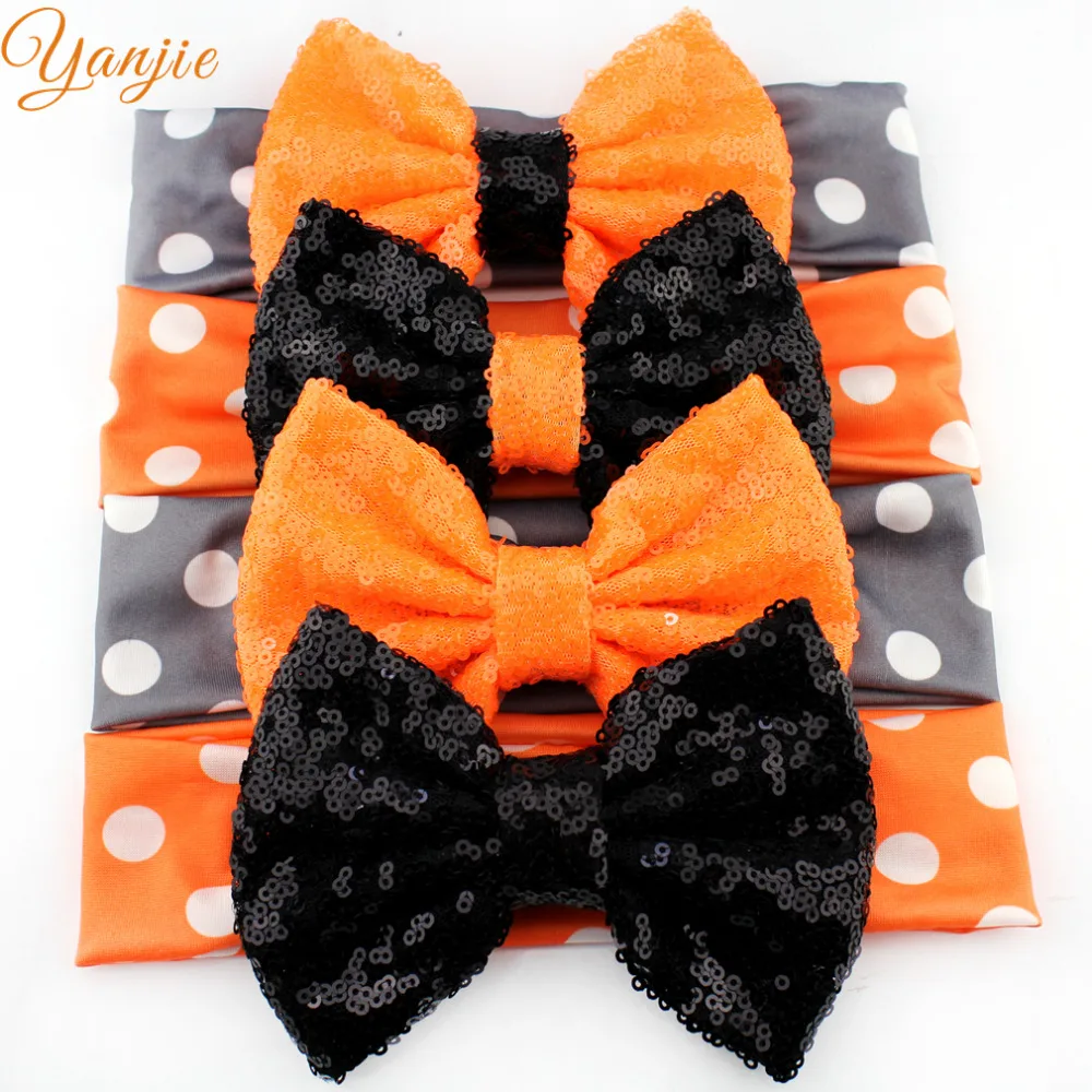 

12pcs/lot Halloween Headband,5'' Big Sequins Messy Bow Polka Dot Elastic Headband,Girls And Kids Hair Band Hair Accessories