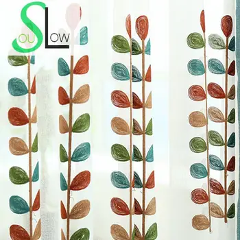 

High Quality Coral Embroidered Voile Curtains Leaves Tulle Window Curtain Leafs Japanese Korean For Living Room Bedroom Luxury