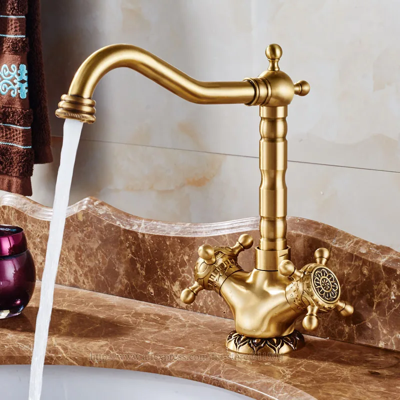 Antique Brass Swivel Bathroom Basin Sink Mixer Dual Handles Faucet Water Taps 