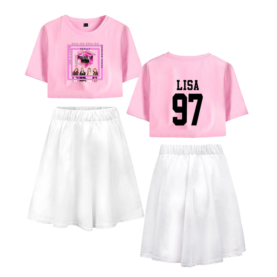BlackPink print new Short skirt Sexy Set Short sleeve T-shirt Short skirt suit Two Piece Beautiful Girl Casual New Style Sets