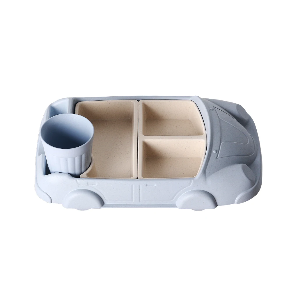 GZZT Bamboo Fiber Baby Dishes Blue Cartoon Car Shape Lunch Box Bowl Children Kid Infant Rice Feeding Plate Dinnerware Sets