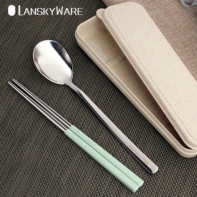 

LANSKYWARE Chinese 304 Stainless Steel Tableware Set With Wheat Straw Handle Dinnerware Set Portable Outdoor For Kids Dinner Set