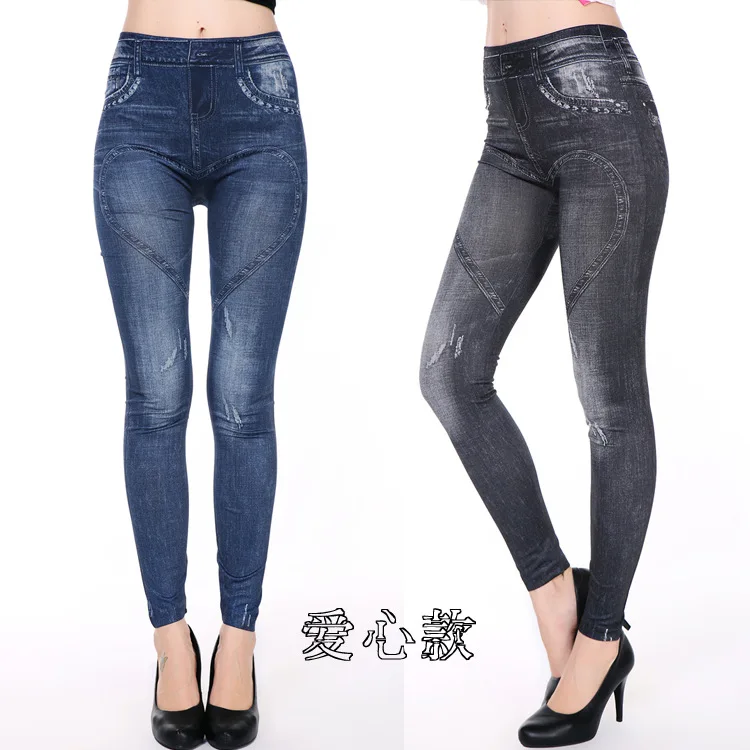 

Fashion Style Vintage Loves Denim Jeans Faux Pocket Printed Leggings Women's high Stretch Pants Free Shipping