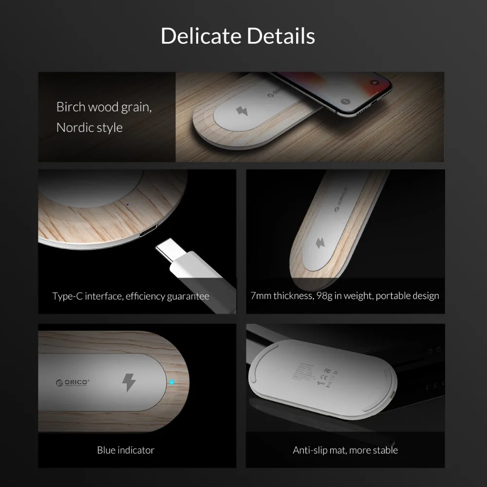 Беспроводное зарядное устройство ORICO, Тип C, двойной выход, интеллектуальная зарядка, двойная катушка, зарядное устройство для iPhone 8, samsung, S8, Xiaomi MIX2S, Lumia