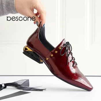 

BESCONE New Design Women Pumps Rivet Patent Leather Pointed Toe Lace Up Leisure Shoes Low Square Exquisite Heel Lady Pumps BO11
